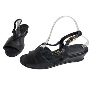 SAS Caress Cross-Strap Black Leather‎ Wedge Sandals Size 9 WW Comfort
